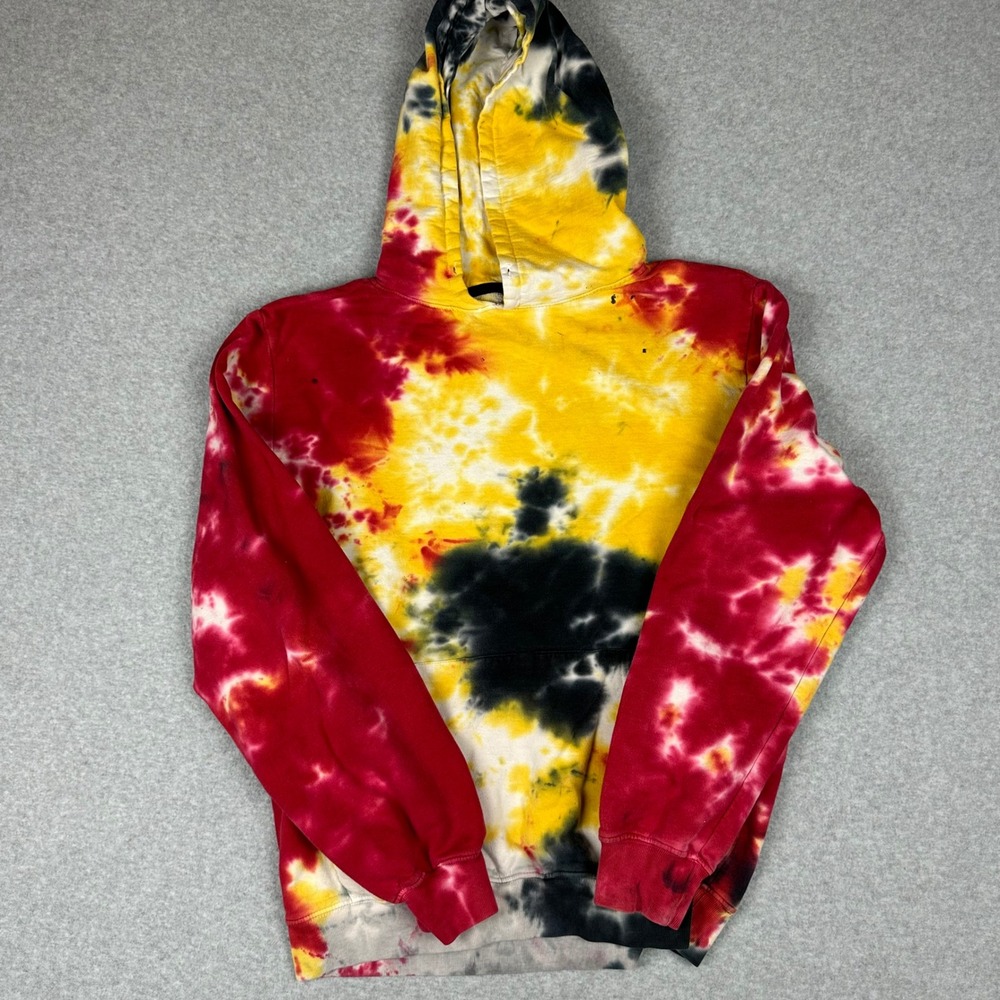 Handmade Tie Dye Pullover Hoodie Red Yellow Black Streetwear Mens Medium